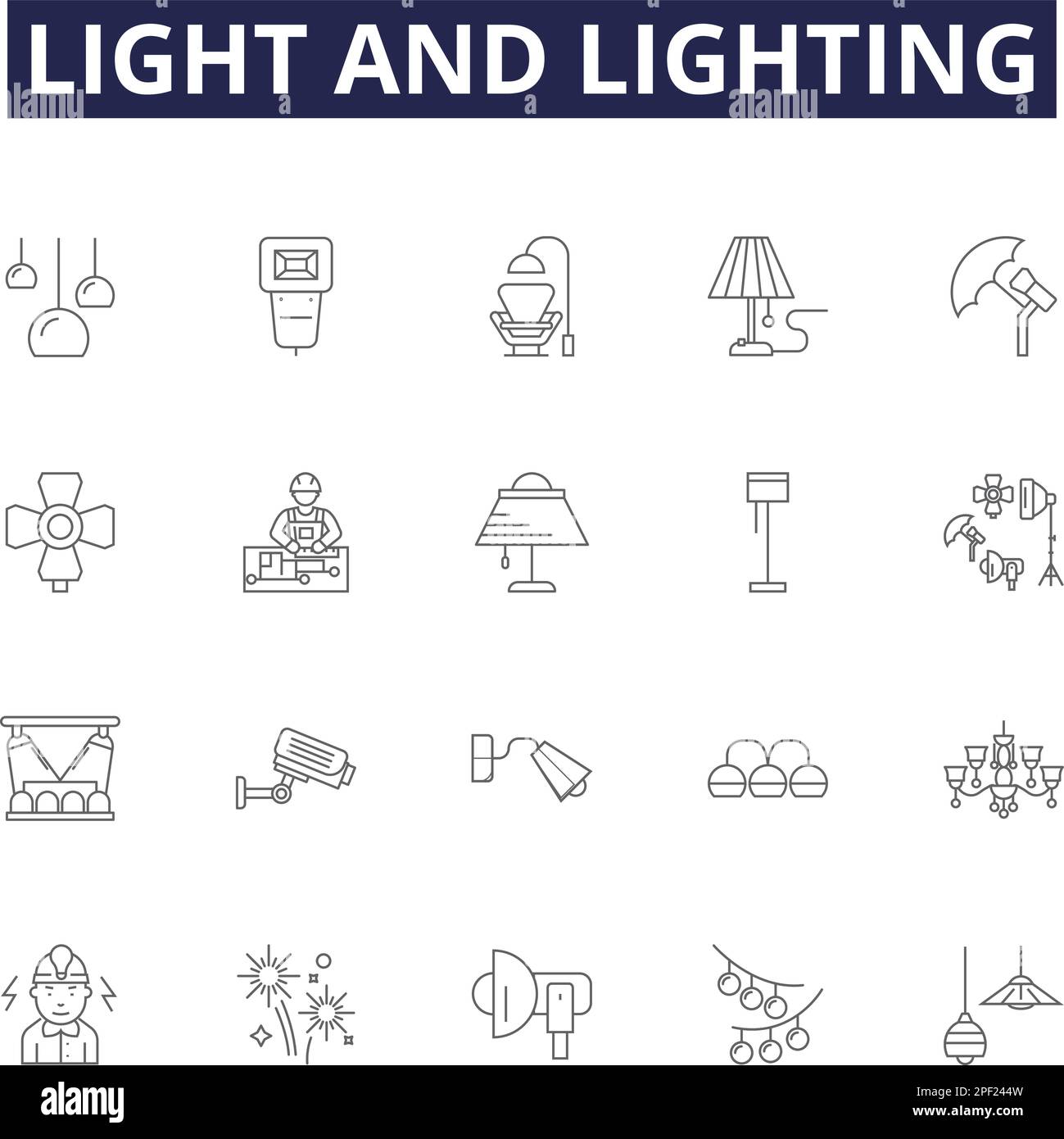 Light and lighting line vector icons and signs. Illumination, Neon, Sunlight, Ambience, Sparkle, Candlelight, Glare, Shadow outline vector Stock Vector