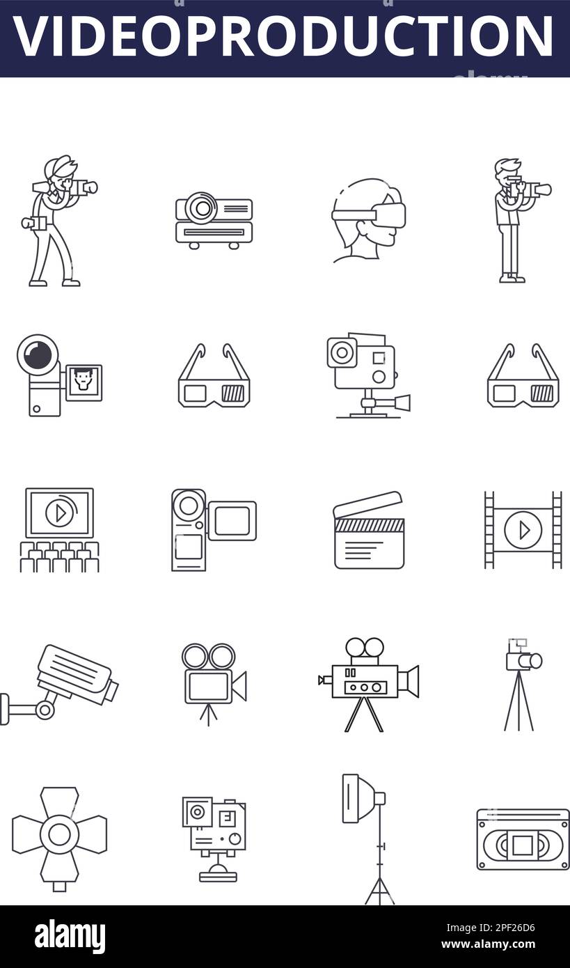 Videoproduction line vector icons and signs. Editing, Studio, Video, Production, Post-production, Audio, Compositing, Recording outline vector Stock Vector