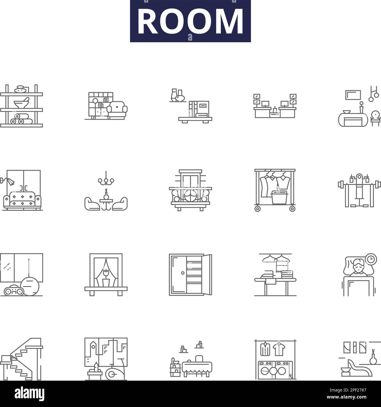 Room line vector icons and signs. Interior, Bedroom, Lounge, Kitchen