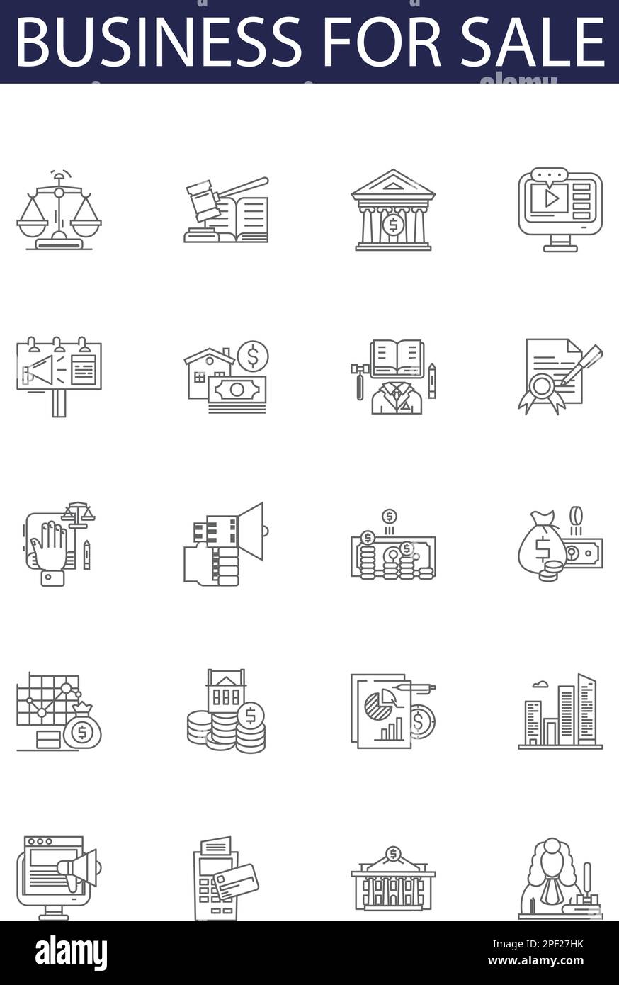 Business for sale line vector icons and signs. Buy, Venture, Franchise, Merger, Investment, Startup, Company, Acquisition outline vector illustration Stock Vector