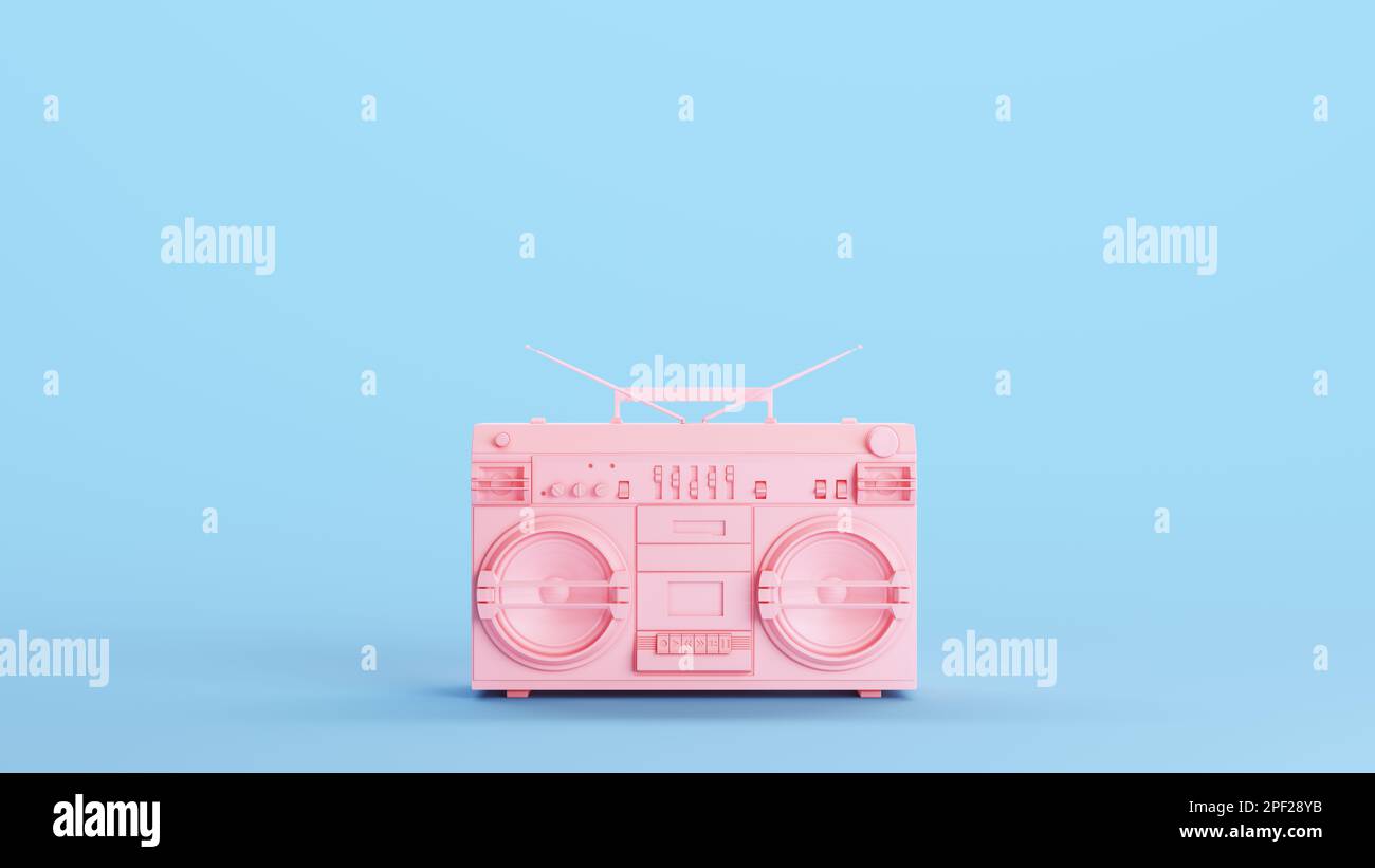 Pink Boombox Cassette Player Ghetto Blaster Stereo Retro Youth Kitsch Blue Background Front View 3d illustration render digital rendering Stock Photo