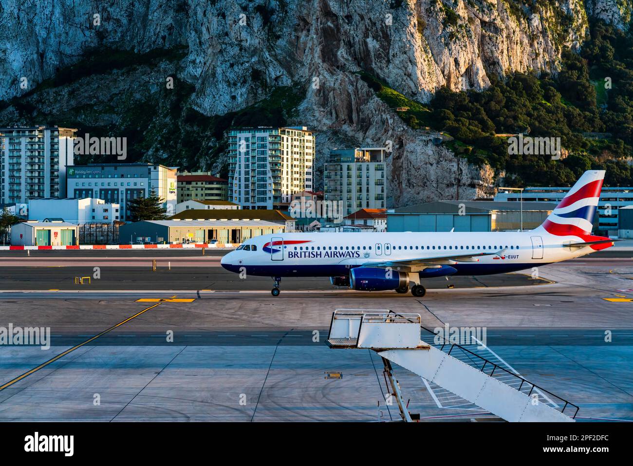 GIBRALTAR, UK - MARCH 13, 2023: British Airways plane lands at Gibraltar International Airport. Stock Photo