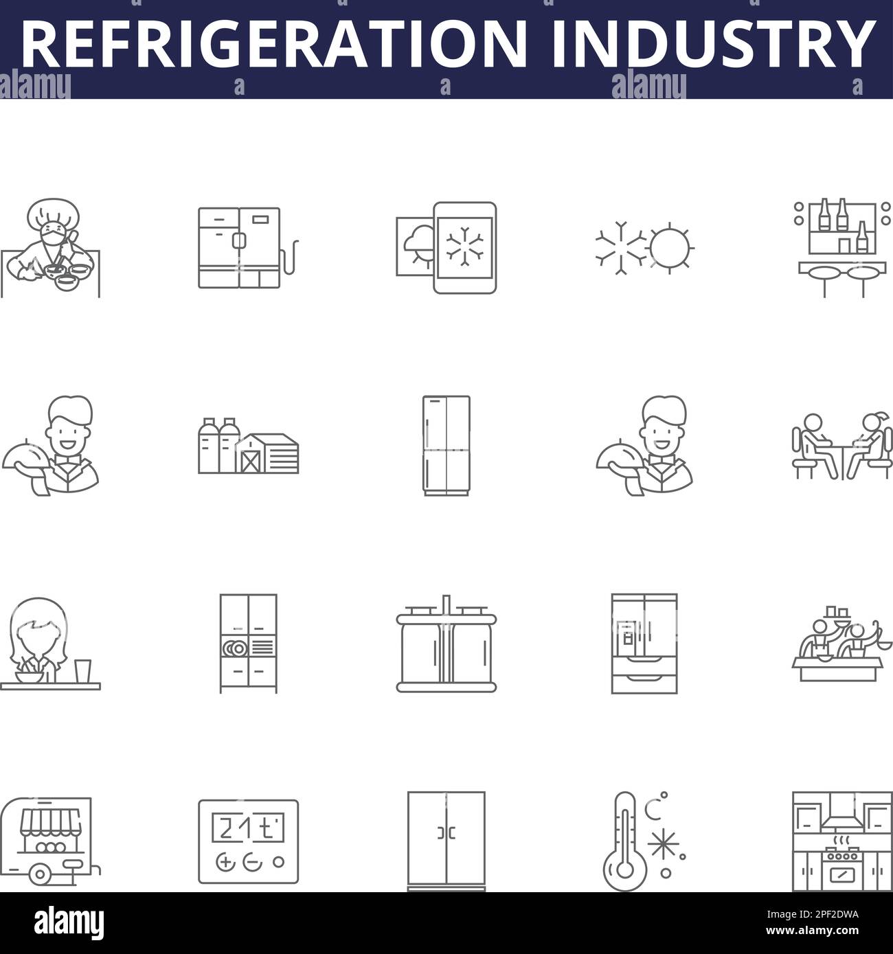 Refrigeration industry line vector icons and signs. industry, cooling, HVAC, compressors, chillers, condensers, thermodynamics, insulation outline Stock Vector