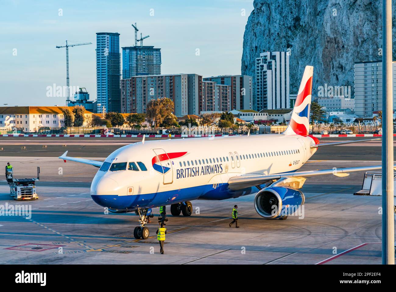 GIBRALTAR, UK - MARCH 13, 2023: British Airways plane arrives at Gibraltar International Airport. Stock Photo