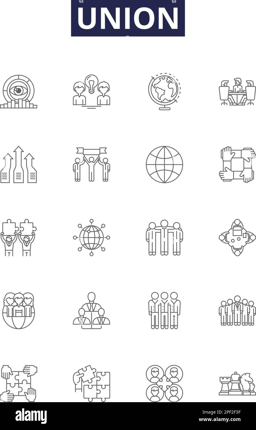 Union line vector icons and signs. Alliance, Unity, Combine, Federal, Merger, Conjugation, Unity, Federation outline vector illustration set Stock Vector