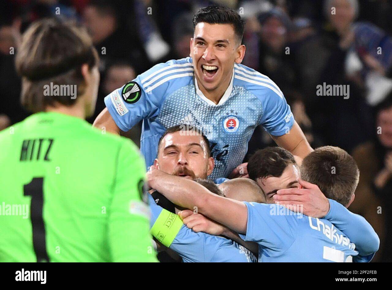 Bratislava's players celebrate after scoring during the UEFA Conference  League round of 16 second leg match between Slovakia's SK Slovan Bratislava  and Switzerland's FC Basel 1893 in Bratislava, Slovakia, Thursday, March 16,