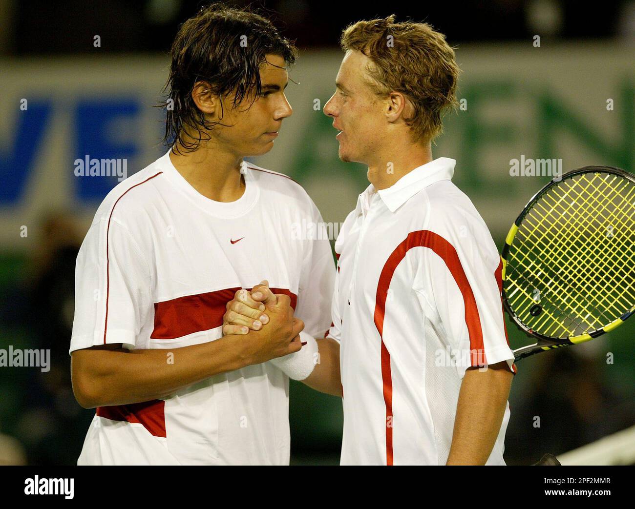 Australia's Lleyton Hewitt, right, is congratulated by Spain's Rafael Nadal  after their third round match at the Australian Open in Melbourne,  Australia, Saturday, Jan. 24, 2004. Hewitt won the match 7-6, 7-6,