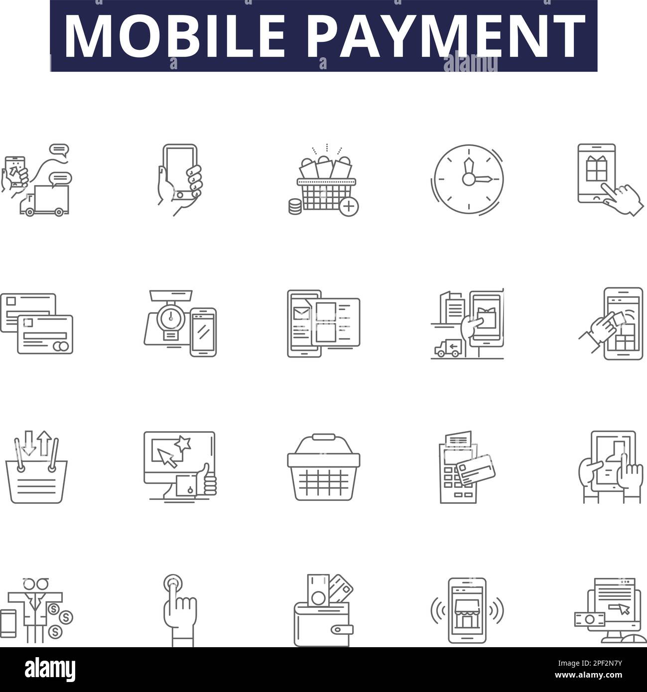 Mobile payment line vector icons and signs. Wallet, mCommerce, NFC, Cashless, Biometrics, Fingerprint, Tokenization, Pay-Via-Phone outline vector Stock Vector