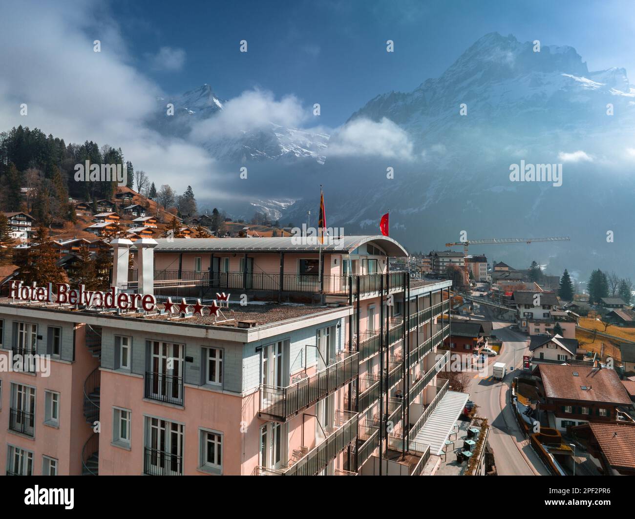 An aerial view of the luxury hotel in Grindelwald, Switzerland. Stock Photo