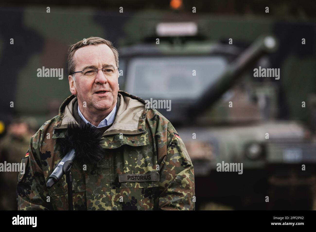 Boris Pistorius (SPD), Federal Minister of Defense, speaks to the media during a visit to the Bundeswehr military base in Mahlwinkel, March 16, 2023. Key skills of the armed forces base are to be shown on the basis of skills demonstrations. Stock Photo