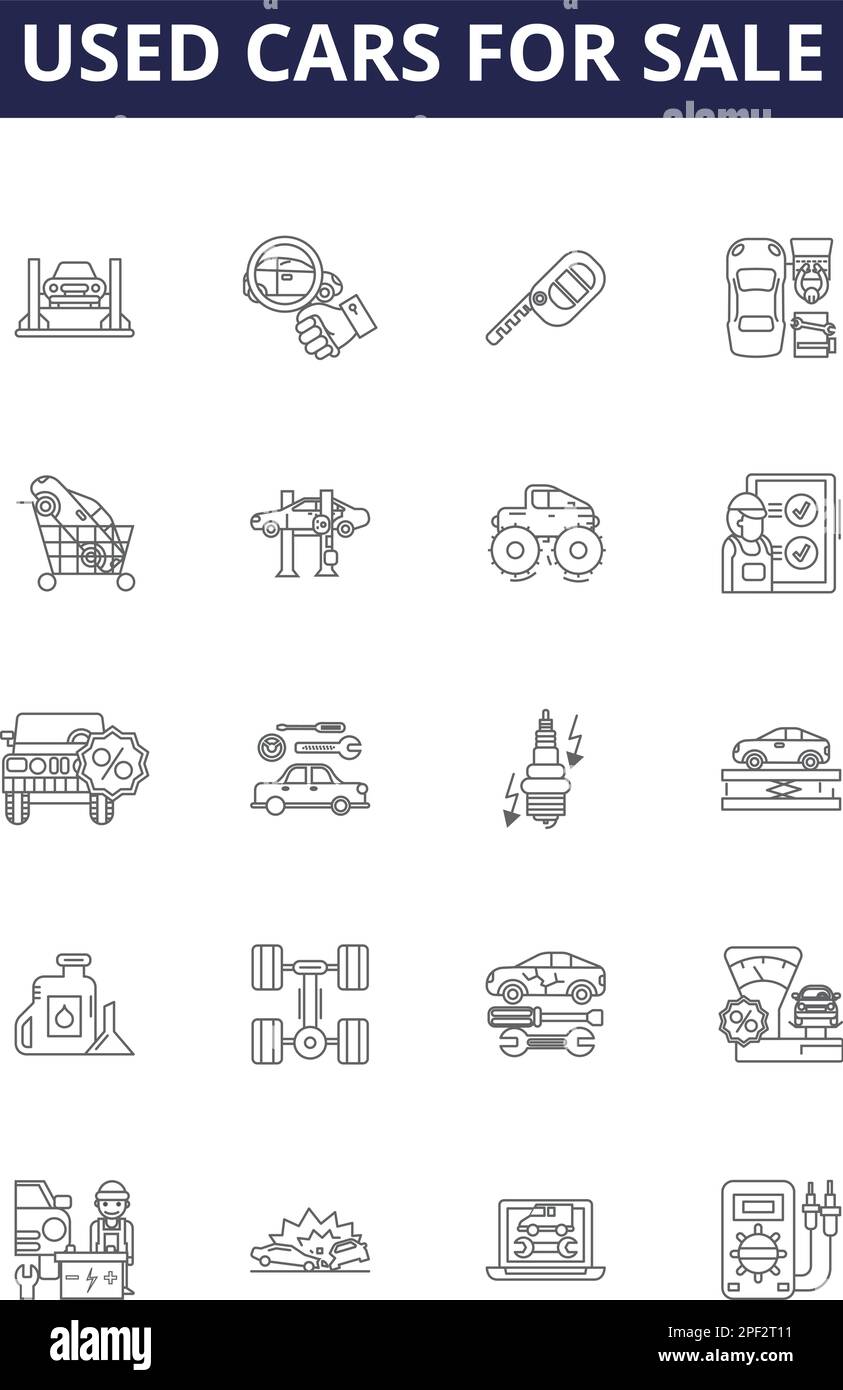 Used cars for sale line vector icons and signs. auto, transportation, dealership, used, vehicle, dealer, industry,selling outline vector illustration Stock Vector