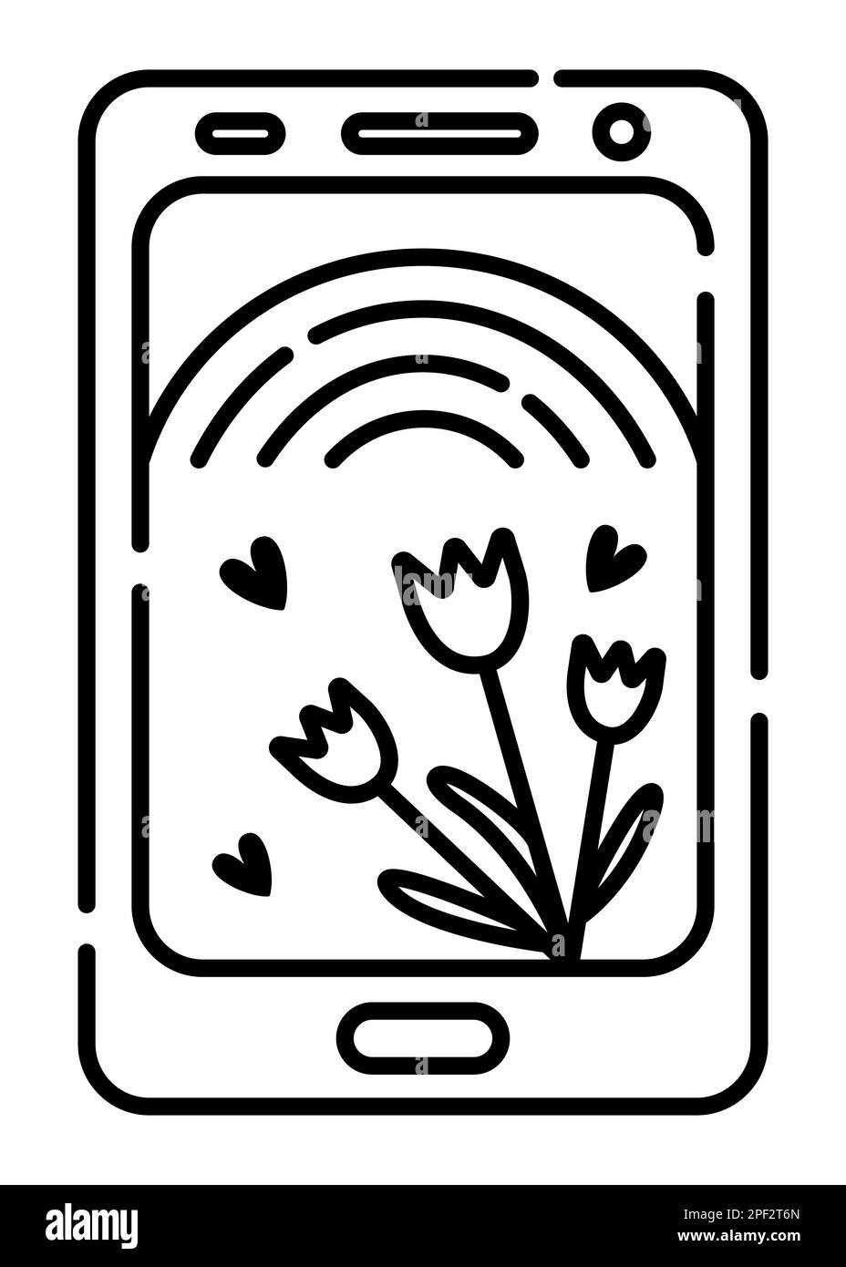 Smartphone with beautiful screensaver, black line illustration Stock Vector