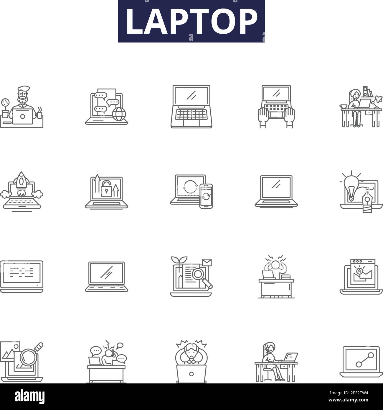 Laptop line vector icons and signs. Notebook, Ultrabook, Computer, MacBook, Chromebook, Tablet, Dell, Lenovo outline vector illustration set Stock Vector