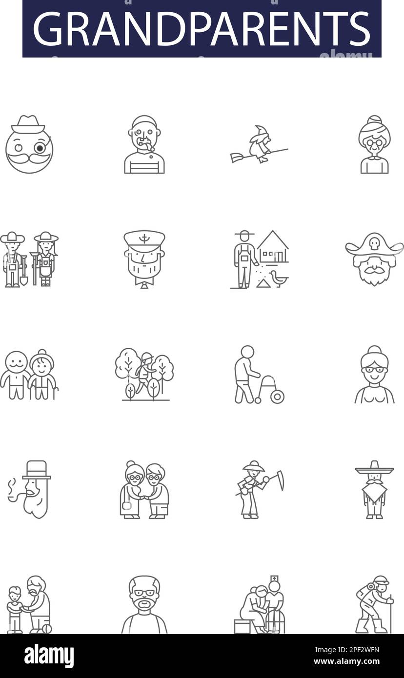 Grandparents line vector icons and signs. Grandma, Grandpa, Grandfather, Grandmother, Grandad, Granny, Nana, Papa outline vector illustration set Stock Vector