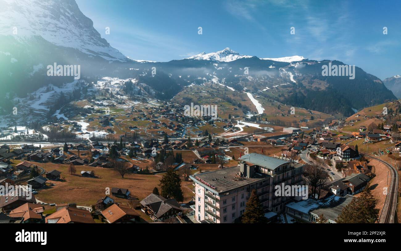 Aerial panorama of the Grindelwald, Switzerland village view near Swiss ...