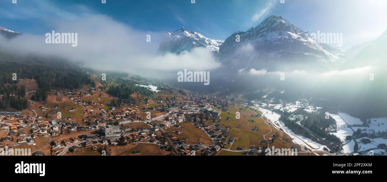 Aerial panorama of the Grindelwald, Switzerland village view near Swiss ...
