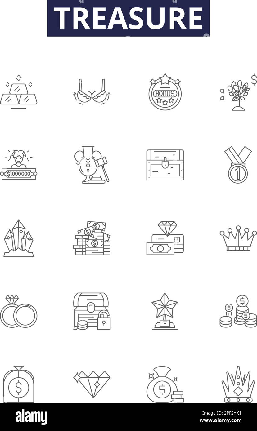 Treasure line vector icons and signs. Hoard, Wealth, Cache, Valuables, Fortune, Gouging, Boon, Loot outline vector illustration set Stock Vector