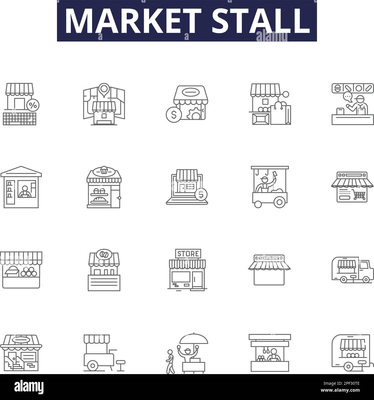 Market stall line vector icons and signs. Market, Vendor, Goods