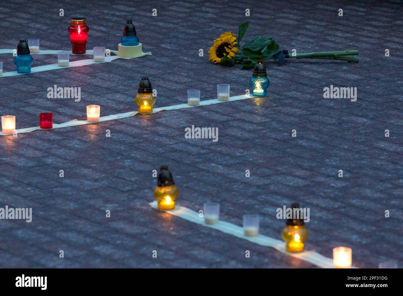 KYIV, UKRAINE MARCH 16, 2023 Vigil lanterns form the Russian word