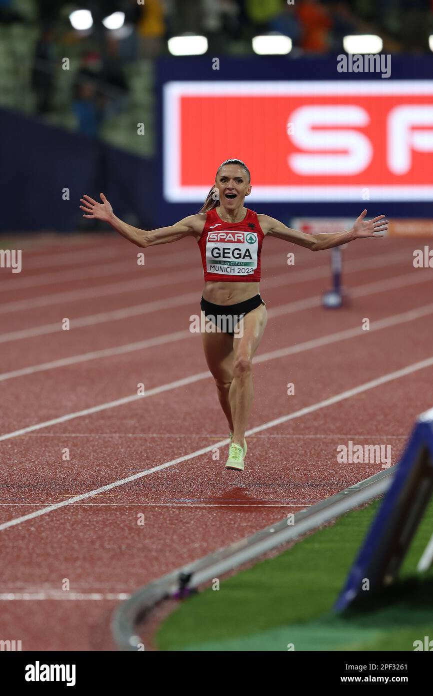 Luiza GEGA celebrating as she crosses the finish line to win the 3000m Steeplechase Final at the European Athletics Championship 2022 Stock Photo
