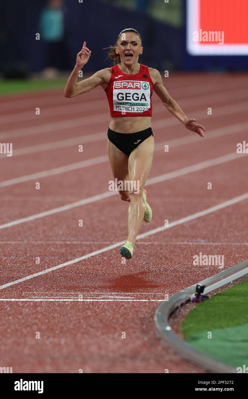 Luiza GEGA celebrating as she crosses the finish line to win the 3000m Steeplechase Final at the European Athletics Championship 2022 Stock Photo