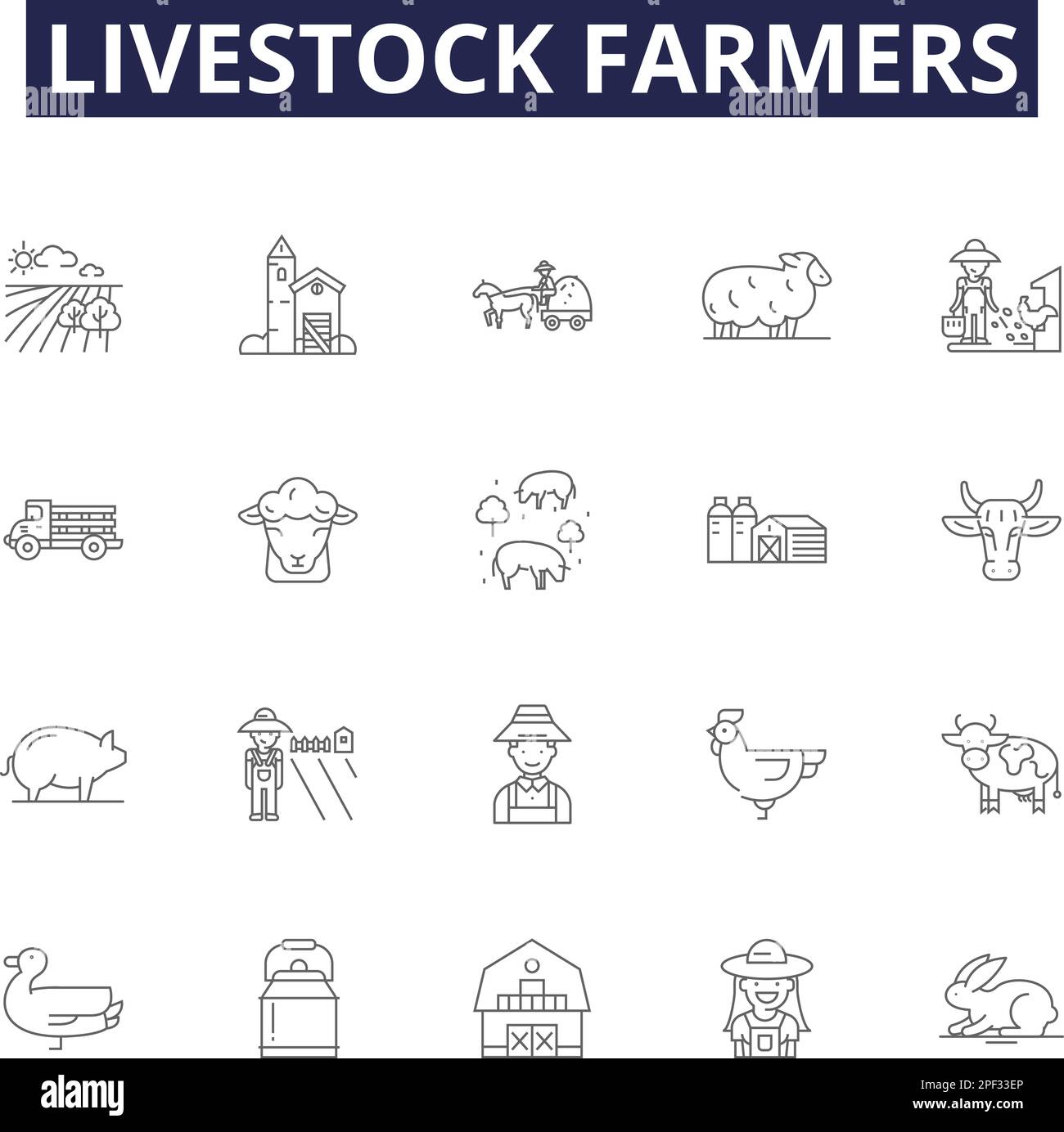 Livestock farmers line vector icons and signs. husbandry, herdsman, agrarians, stockbreeders, custodians, raisers, shepherds, pastoralists outline Stock Vector