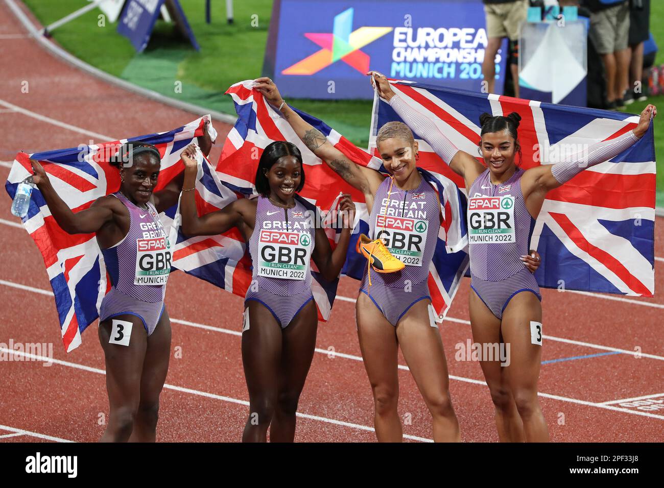 The Women's Great Britain 4 * 400m Relay Team celebrating after winning