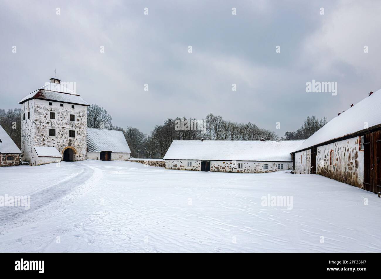 View of a snow covered Hovdala Castle in Hassleholm region. Hovdala Castle is a castle in Hassleholm Municipality, Scania, in southern Sweden. Stock Photo