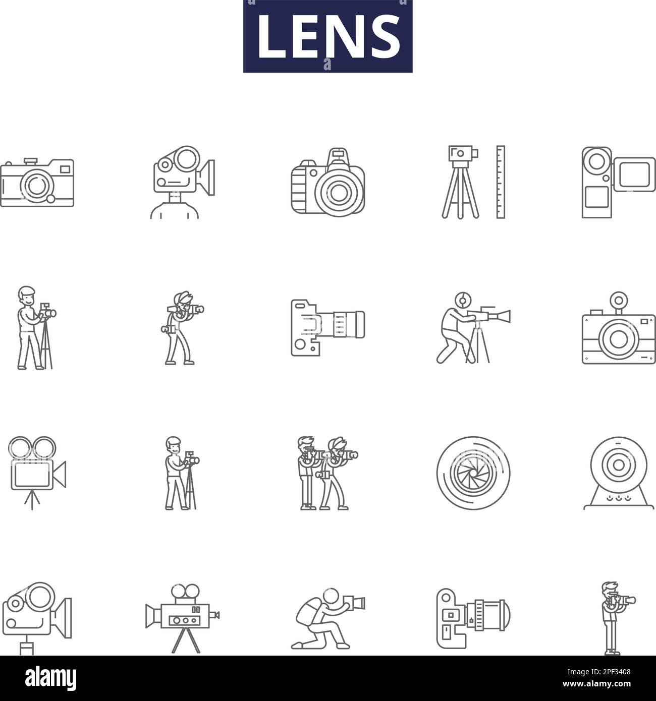 Lens line vector icons and signs. Optics, Convex, Concave, Focus, Photographic, Telescopic, Macro, Zoom outline vector illustration set Stock Vector