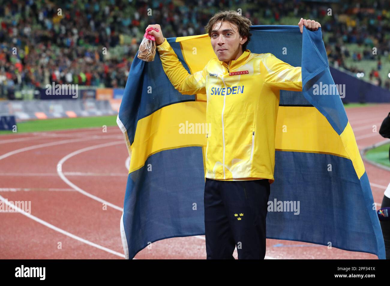Armand DUPLANTIS celebrating his Gold Medal after the Pole Vault at the