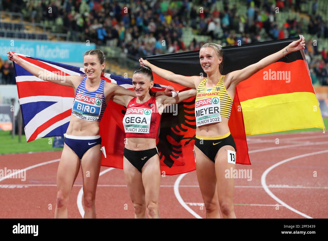 Luiza GEGA, Lea MEYER & Elizabeth BIRD celebrating after winning the Medals in the 3000m Steeplechase at the European Athletics Championship 2022 Stock Photo