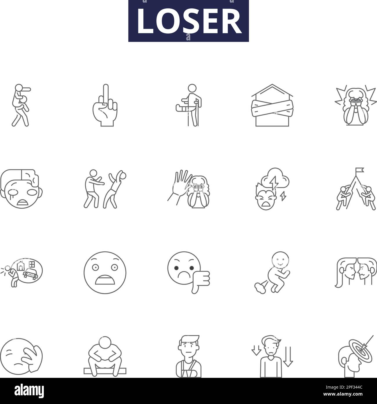 Loser line vector icons and signs. Unsuccessful, Inadequate, Impoverished, Disadvantaged, Fruitless, Disjointed, Humiliated, Trounced outline vector Stock Vector