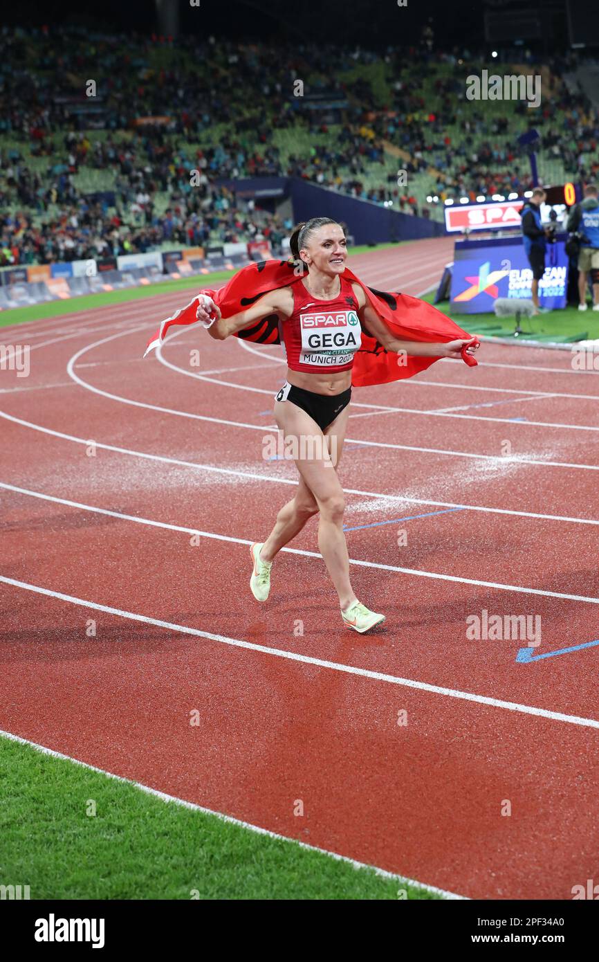 Luiza GEGA celebrating after winning the Gold Medal in the 3000m Steeplechase at the European Athletics Championship 2022 Stock Photo