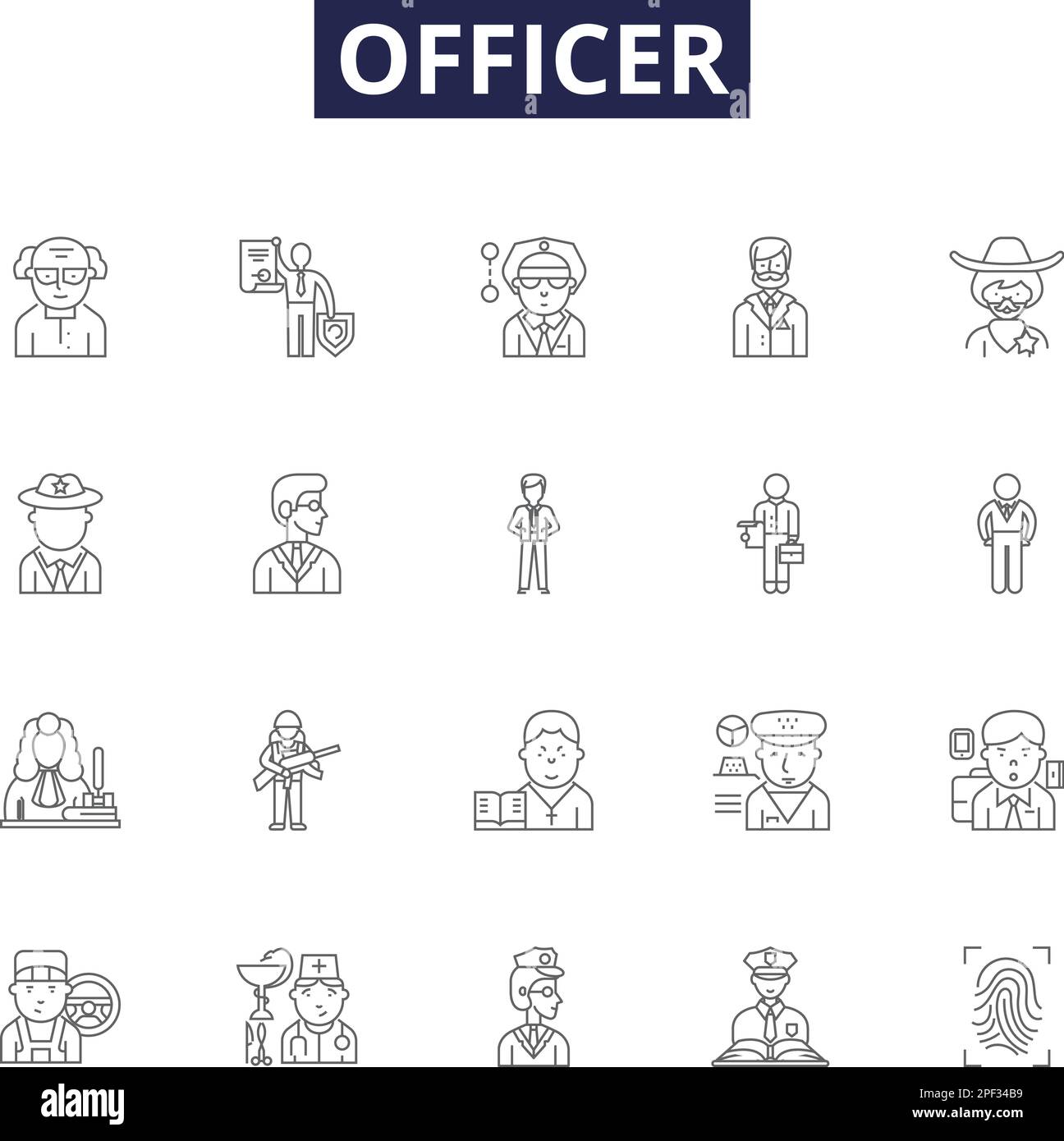 Officer line vector icons and signs. constable, sergeant, lieutenant, captain, colonel, marshal, sheriff, sheriff's deputy outline vector illustration Stock Vector