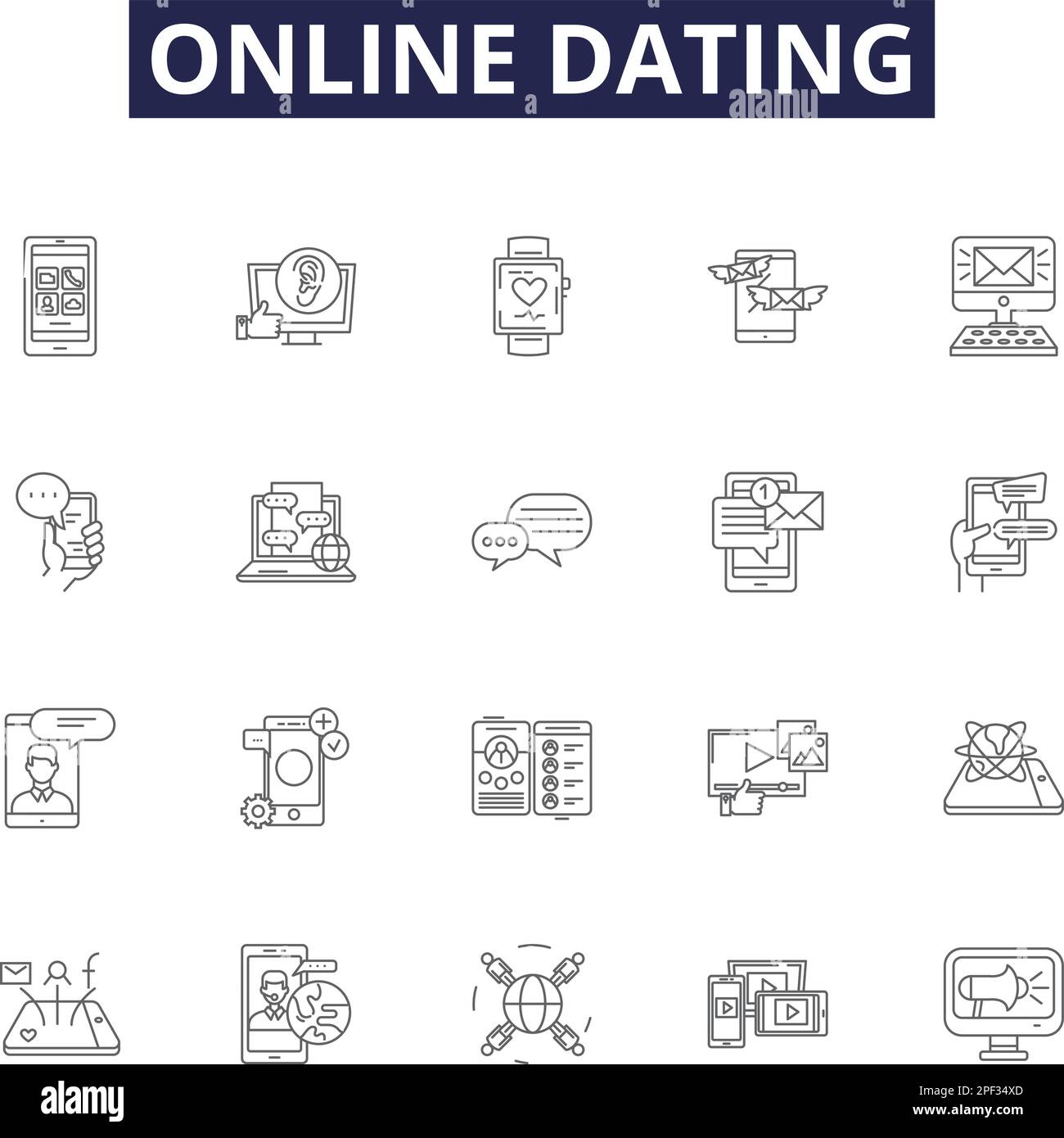 Online dating line vector icons and signs. Online, Matchmaking, Singles, Romance, Relationships, Soulmates, Love, Interaction outline vector Stock Vector
