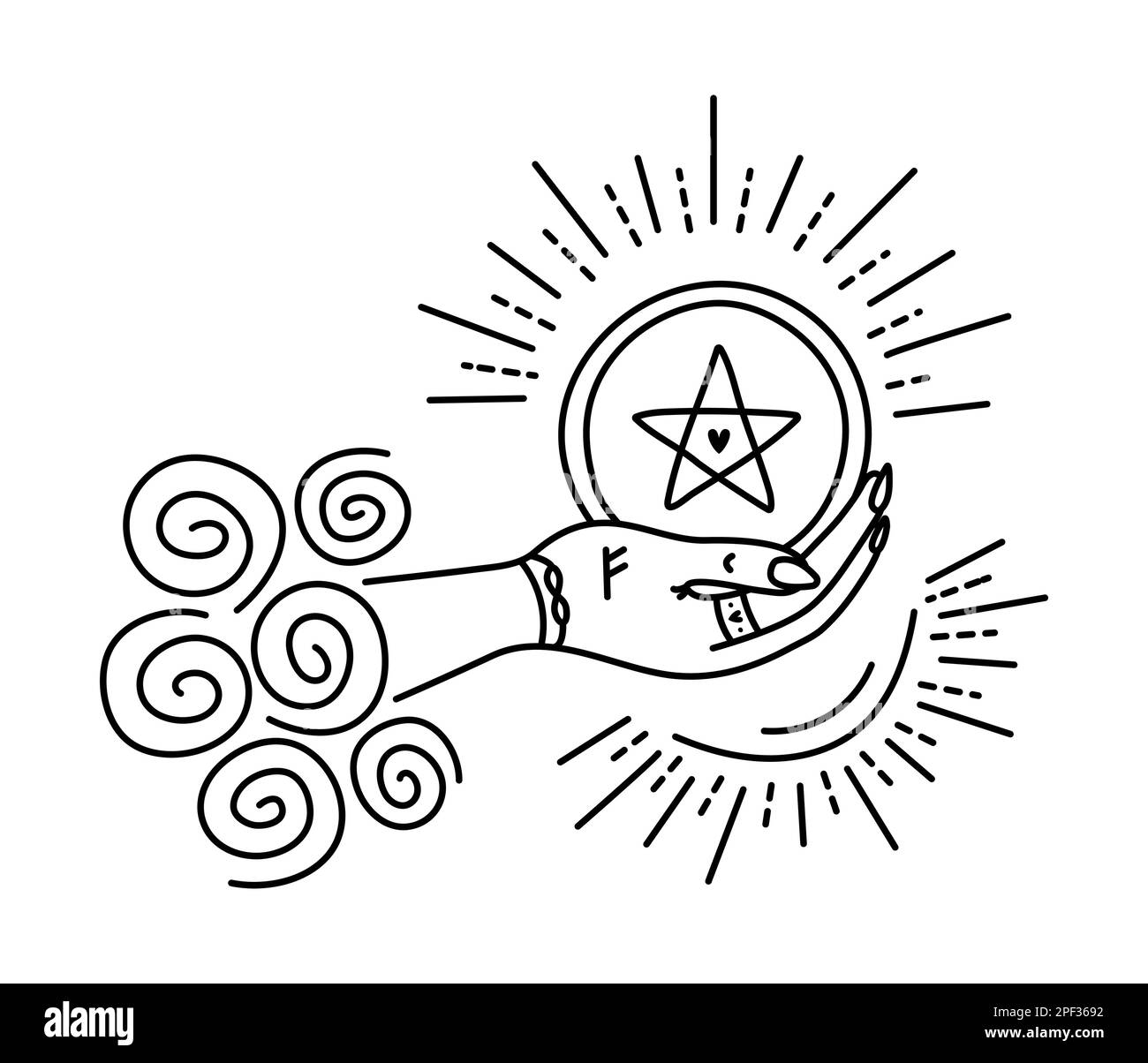 Ace of pentacles with rune Fehu on the hand, black and white symbol of wealth Stock Vector