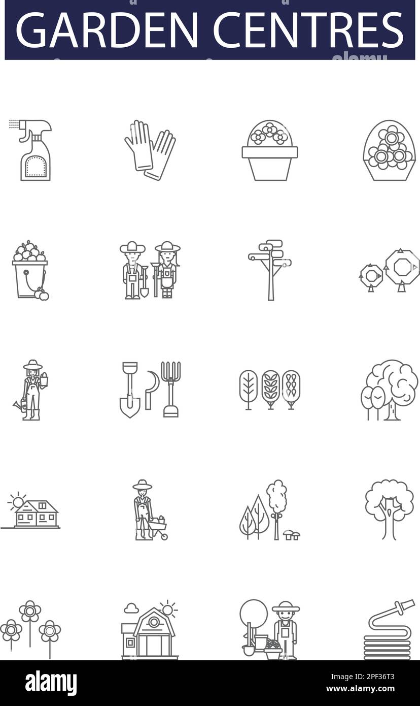 Garden centres line vector icons and signs. Centres, Plants, Seeds, Landscaping, Trees, Bushes, Flowers, Pots outline vector illustration set Stock Vector