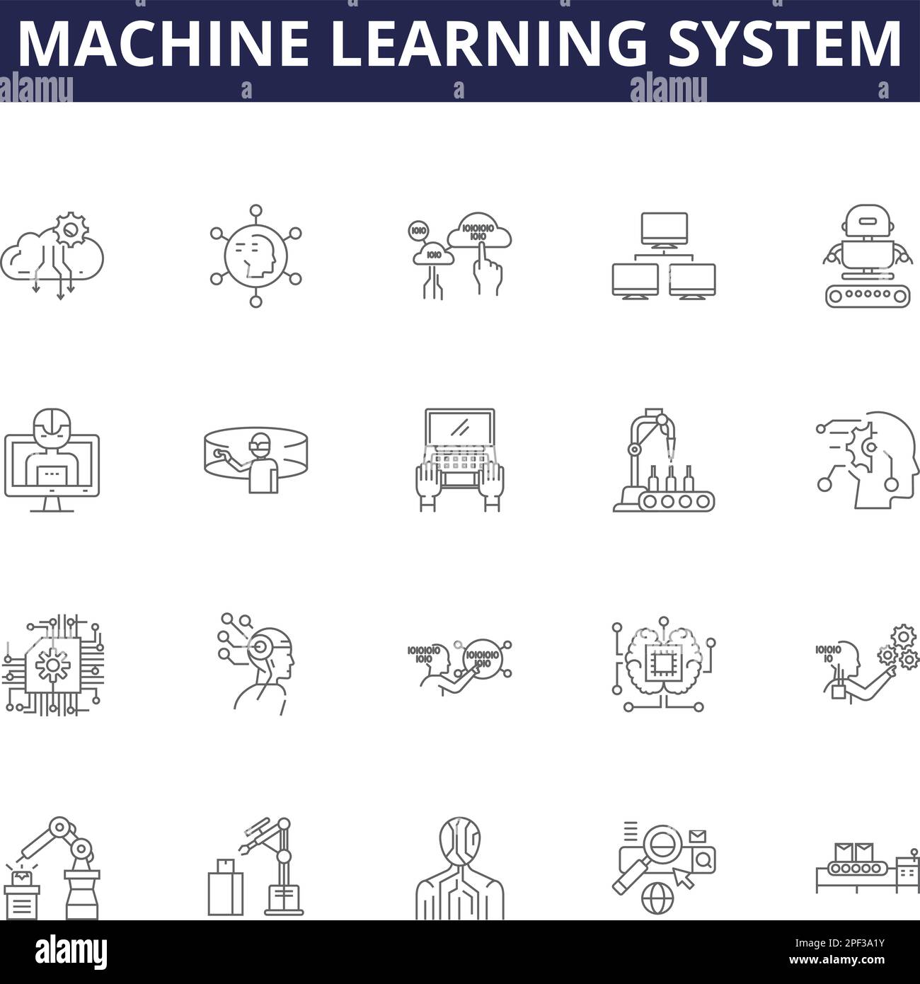 Machine learning system line vector icons and signs. ai, technology ...