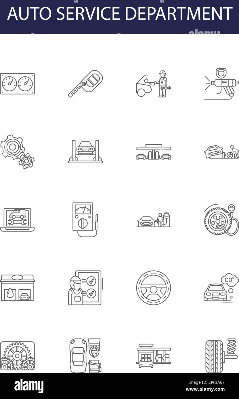 Auto service department line vector icons and signs. Maintenance, Diagnostics, Tires, Brakes, Oil, Alignment, Detailing, Testing outline vector Stock Vector