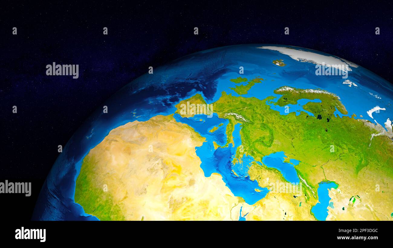 Earth globe zoomed and focused on Europe continent. Day side of Earth
