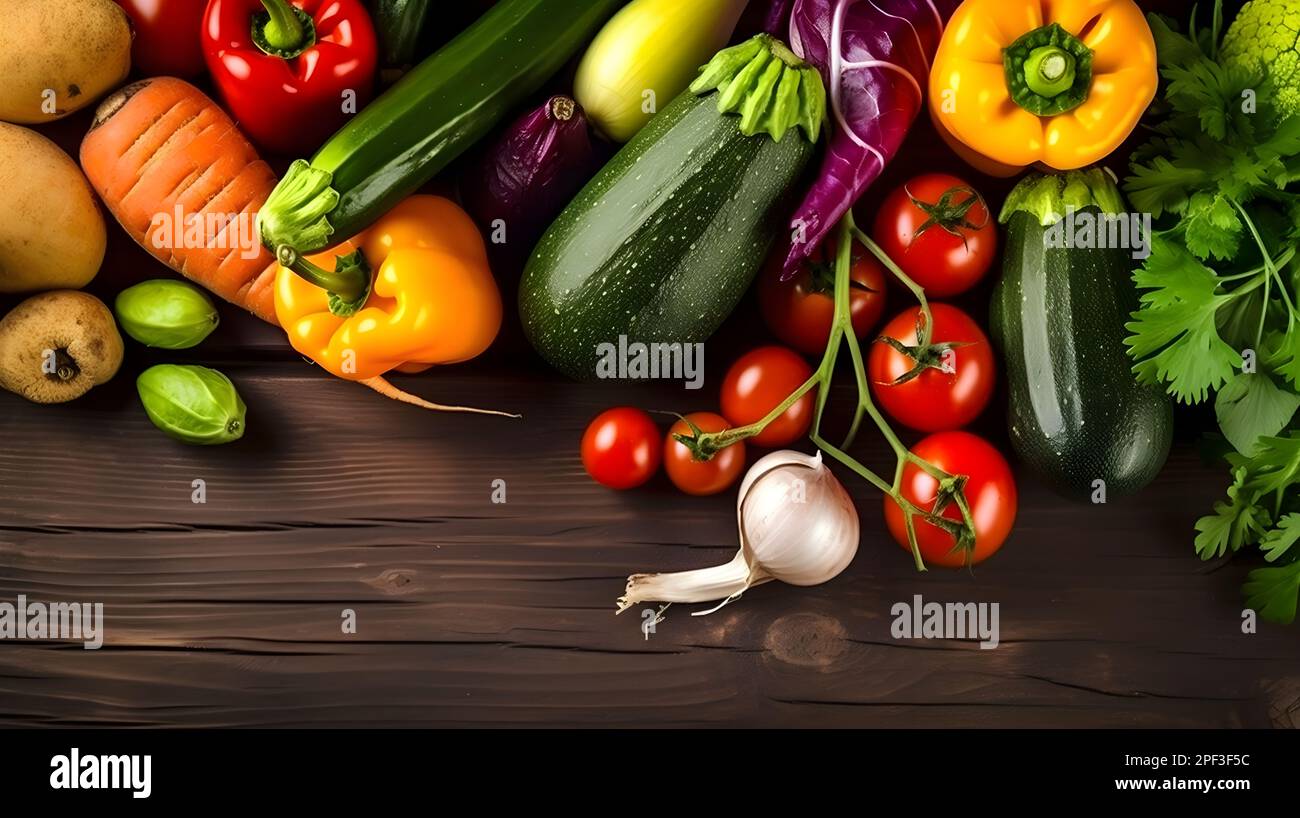 Assortment of fresh colorful organic vegetables on wooden pine table ...