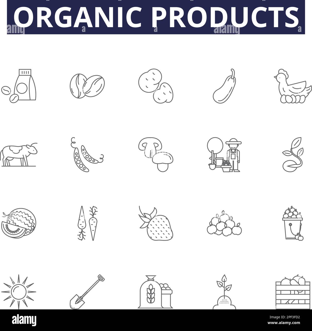 Organic products line vector icons and signs. Products, Natural, Pure, Eco, Environmentally-Friendly, Unprocessed, Free-Range, Chemical-Free outline Stock Vector