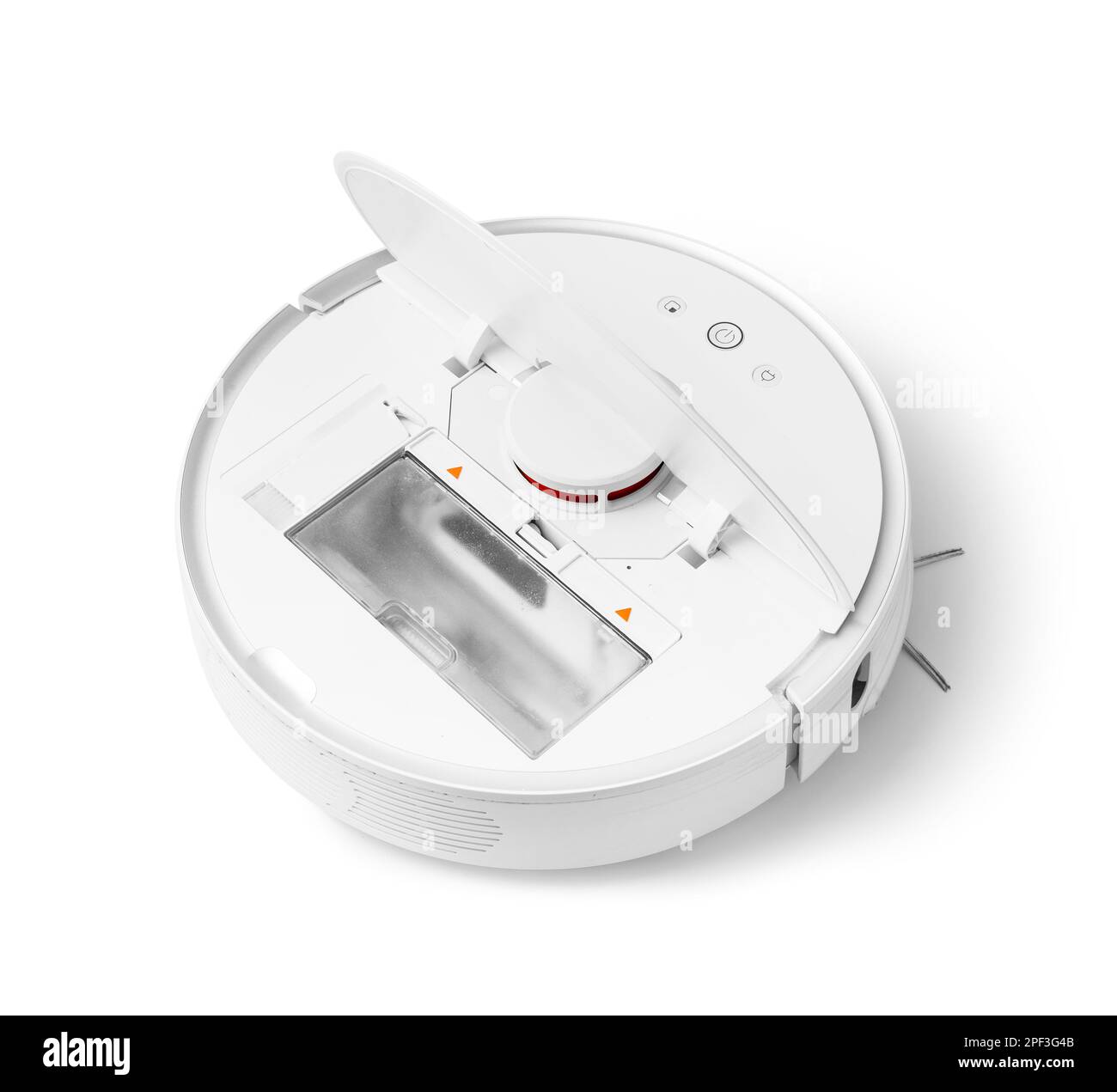 Open smart robot vacuum cleaner with a trash container on a white