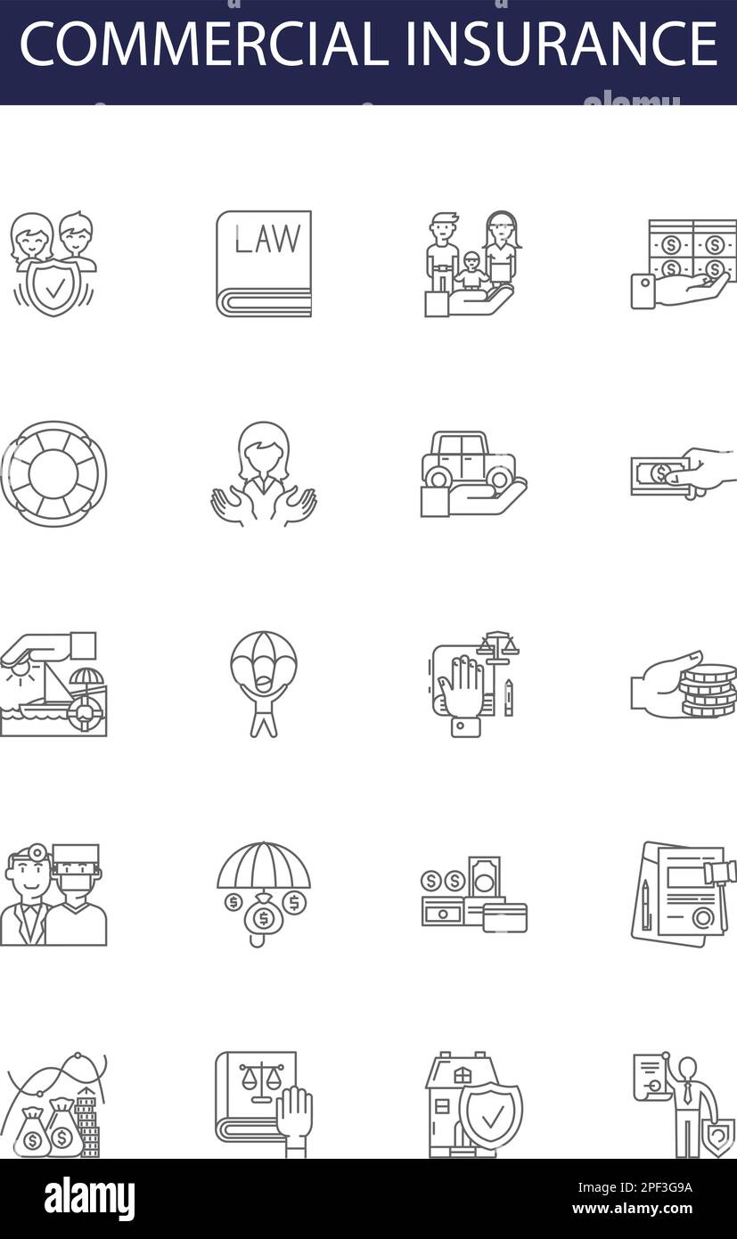 Commercial insurance line vector icons and signs. Coverage, Liability
