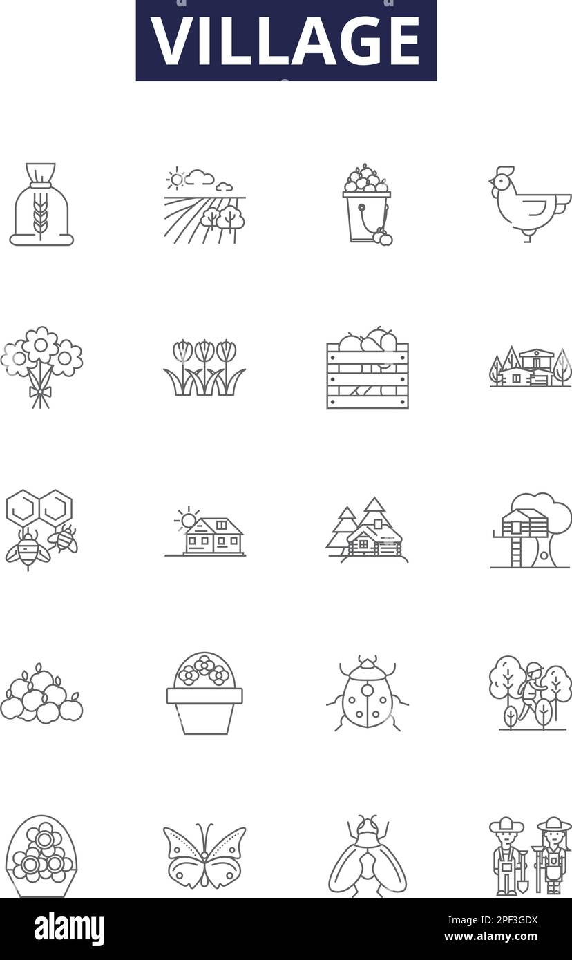 Village line vector icons and signs. hamlet, settlement, homestead, enclave, town, countryside, steading, bally outline vector illustration set Stock Vector