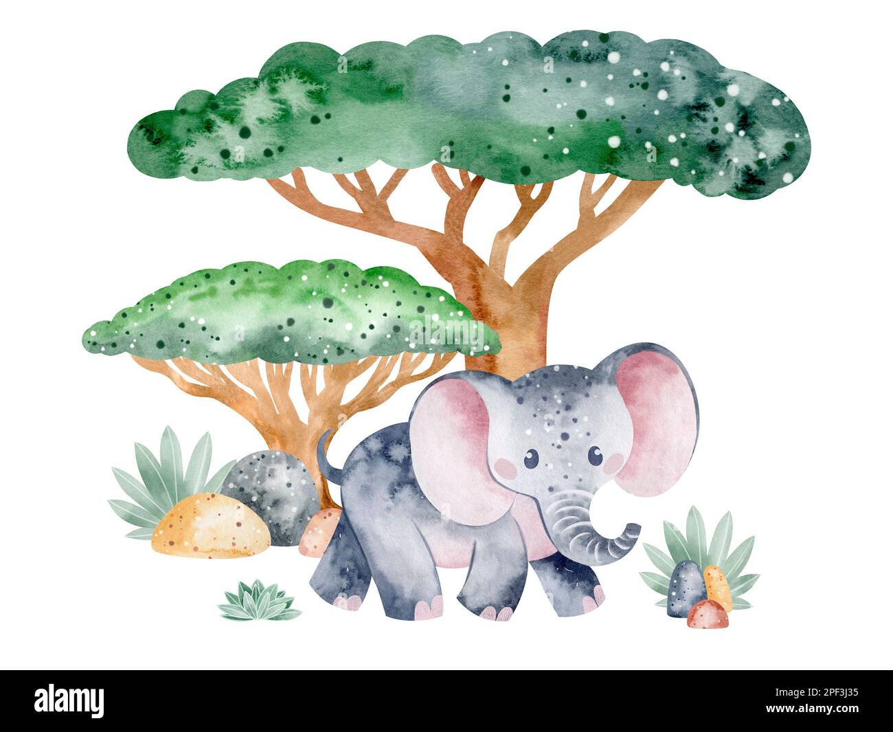 Set of watercolor illustrations of savannah animals in nature. Children's illustration of animals on a white background. Drawn by hand. Stock Photo
