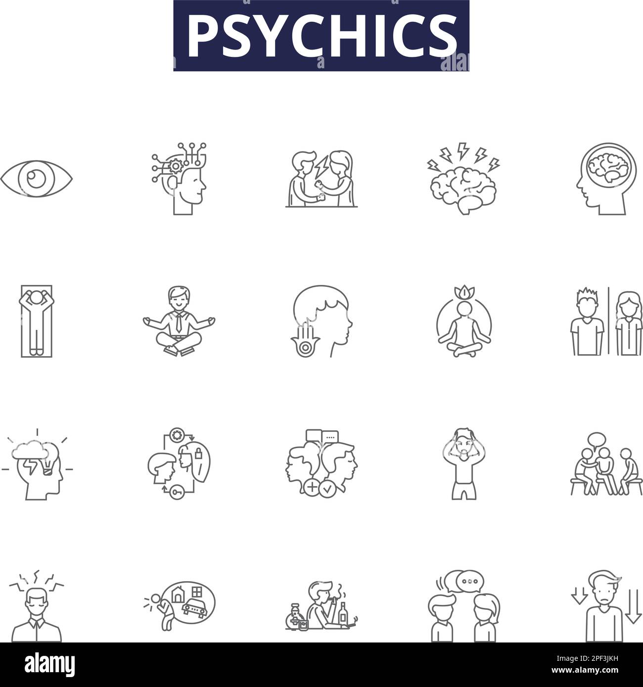 Psychics line vector icons and signs. Clairvoyants, Mediums, Fortune-tellers, Seers, Diviners, Crystal-gazers, Haruspexes, Mystics outline vector Stock Vector