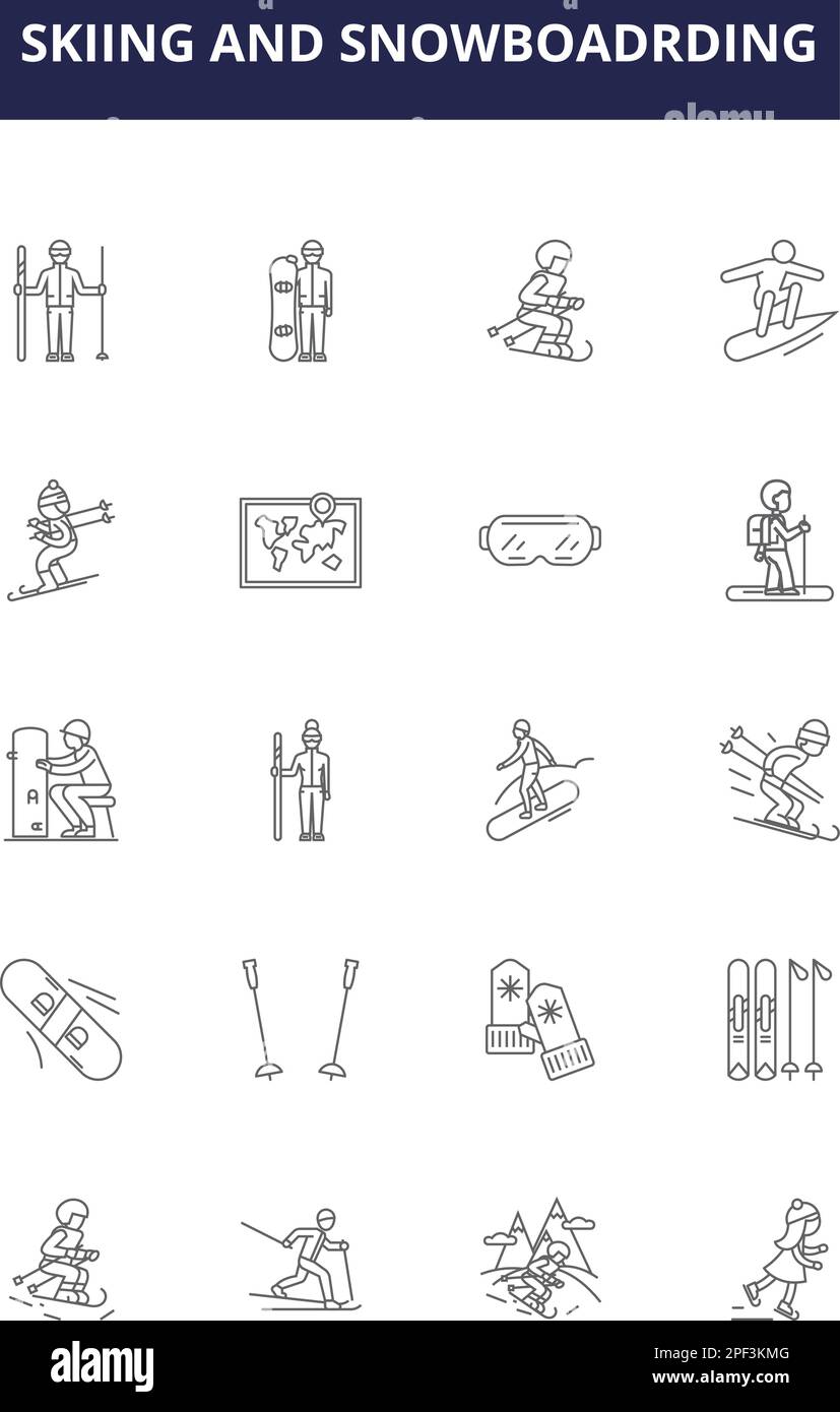 Skiing and snowboadrding line vector icons and signs. Snowboarding ...