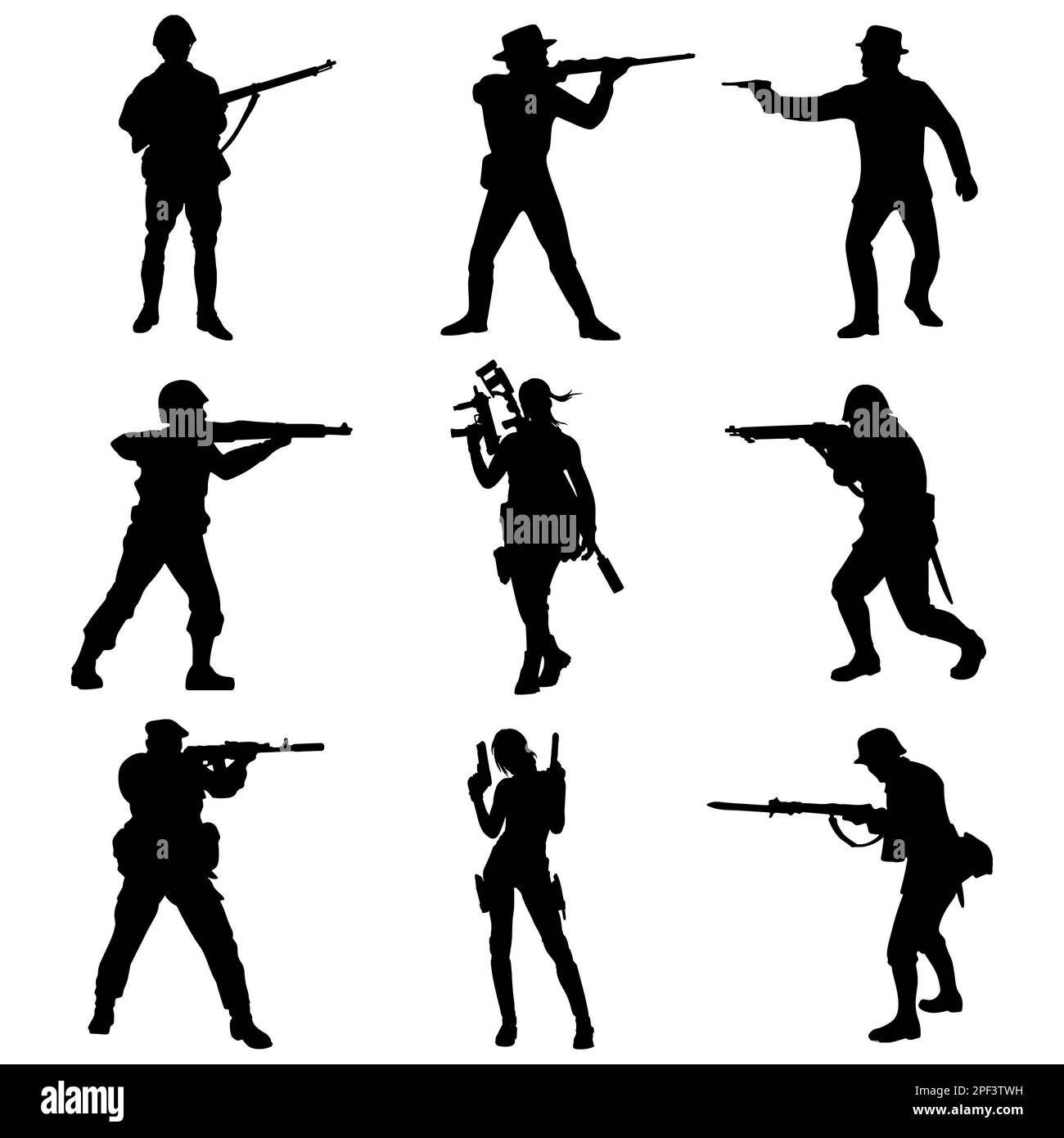 A set of silhouettes of special forces or modern soldiers. Black and