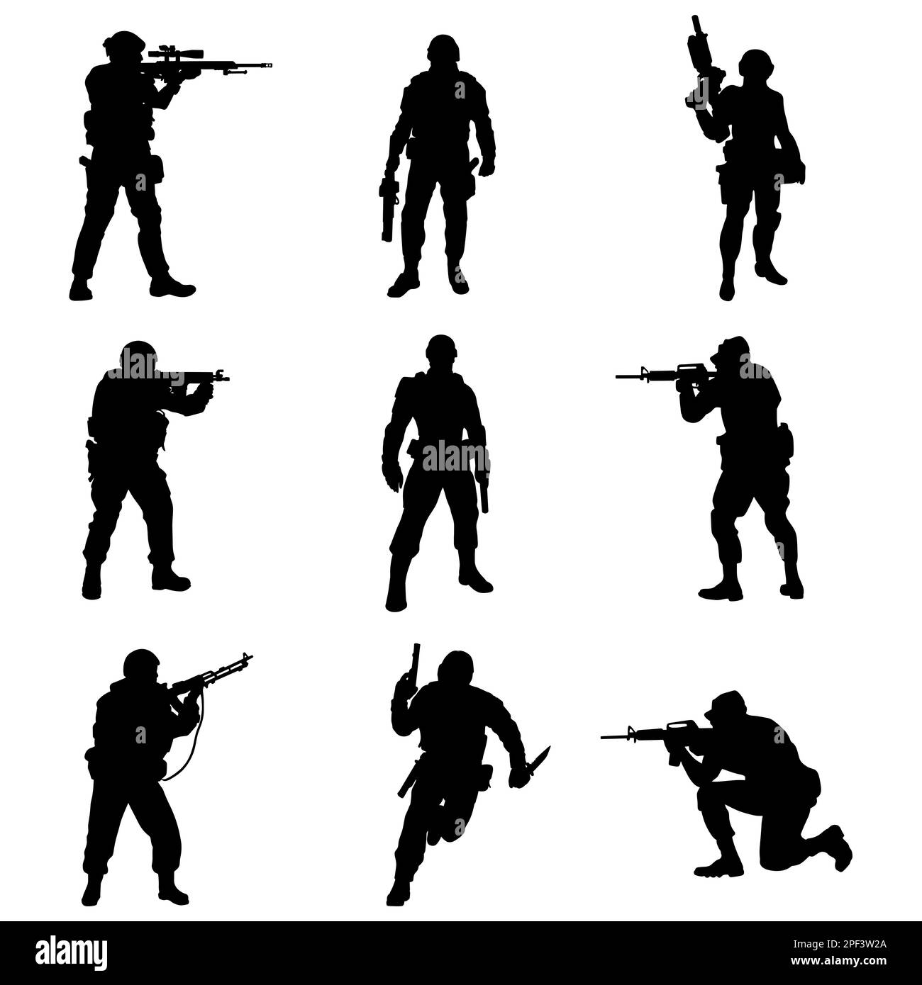 A set of silhouettes of special forces or modern soldiers. Black and